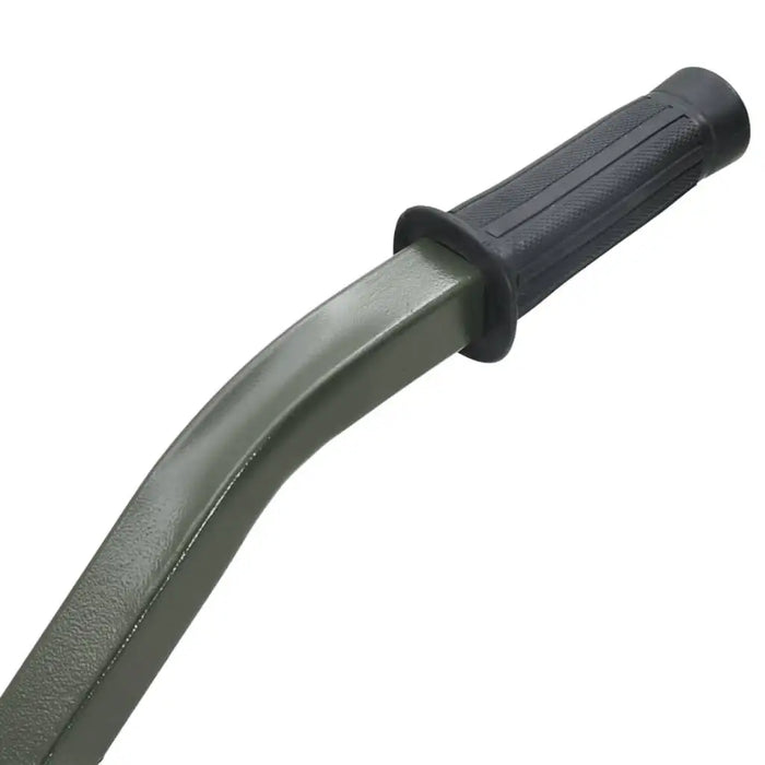 Close-up of green folding fishing trolley steel handle with black grip