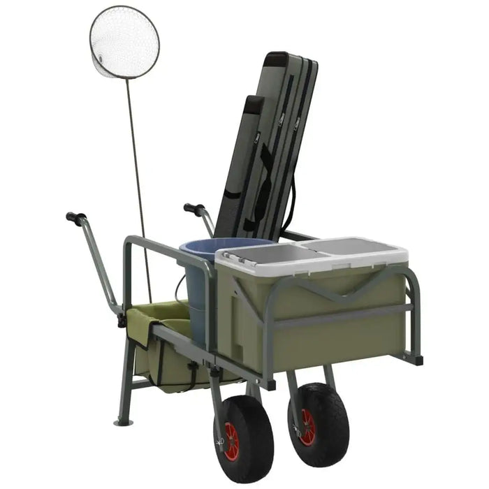 Green folding fishing trolley with net, containers, adjustable handle, and heavy-duty steel frame