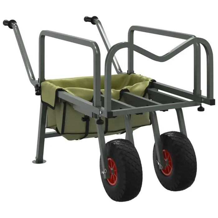 Green heavy-duty folding fishing trolley with steel frame, adjustable handle, and two wheels