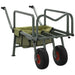Green heavy-duty folding fishing trolley with steel frame, adjustable handle, and two wheels
