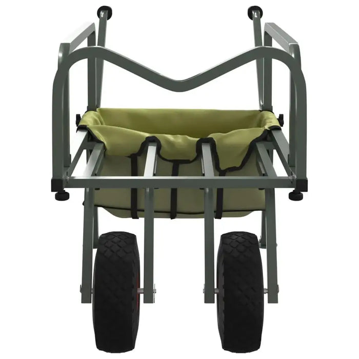 Green heavy-duty folding fishing trolley with steel frame and adjustable handle, front view