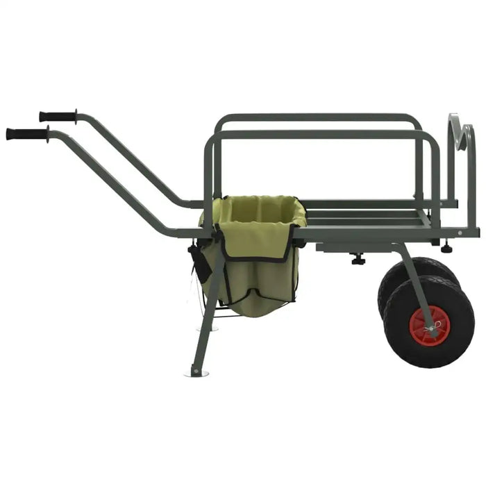 Green heavy-duty folding fishing trolley with steel frame, adjustable handle, and two large wheels