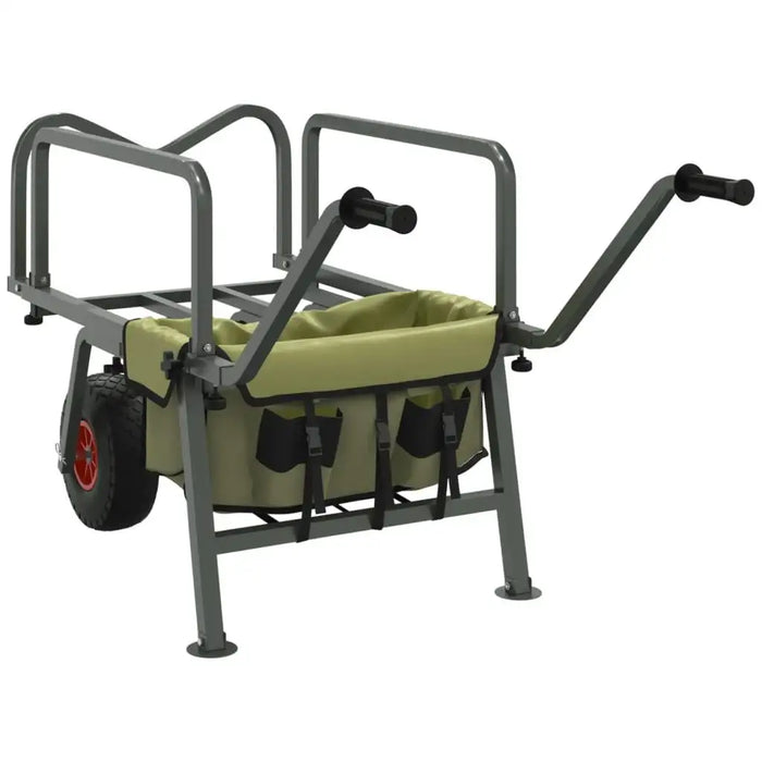 Heavy duty green folding fishing trolley with steel frame, adjustable handle and storage pouch