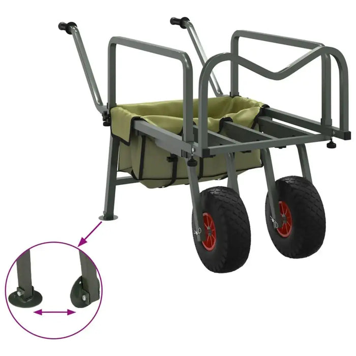 Green heavy-duty folding fishing trolley with steel frame, adjustable handle, and large wheels