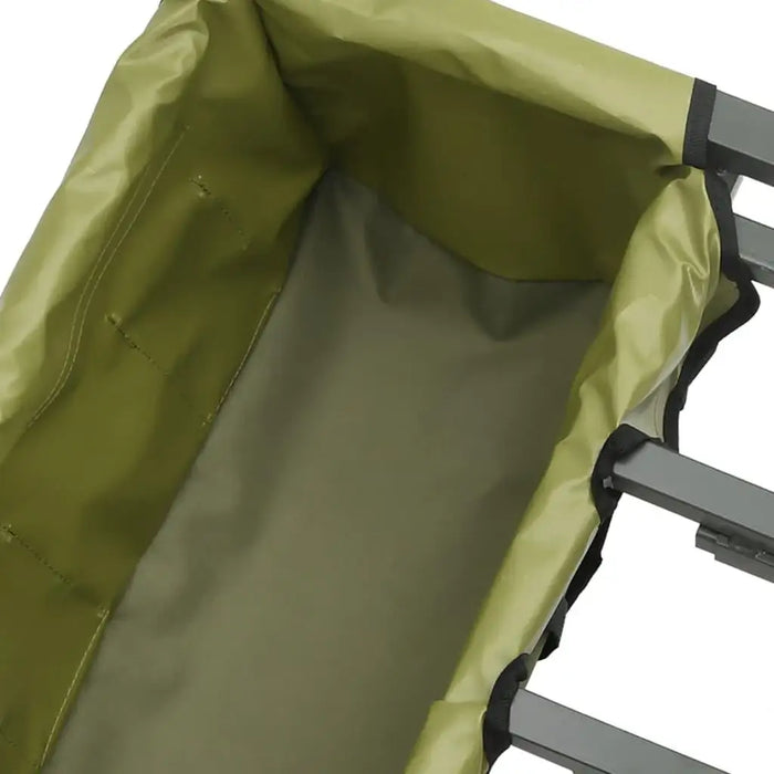 Green folding fishing trolley with heavy-duty steel frame and fabric interior