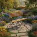 Folding acacia wood and steel garden bench on stone path surrounded by colorful flowers and green trees