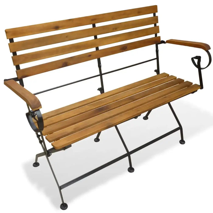 Folding garden bench with acacia wood slats and black steel frame, outdoor seating