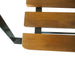 Close-up of folding garden bench seat made of acacia wood and black steel frame