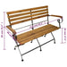 Folding garden bench made of acacia wood with steel frame, dimensions labeled for outdoor seating