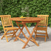 Folding garden table and two teak chairs on patio with greenery backdrop