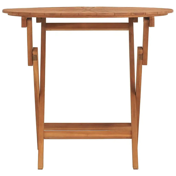Round solid teak folding garden table with wood grain detail, shown against a white background.