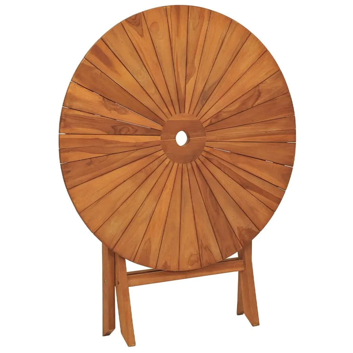 Folding garden table in solid teak wood, round shape, upright and folded position