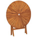 Folding garden table in solid teak wood, round shape, upright and folded position