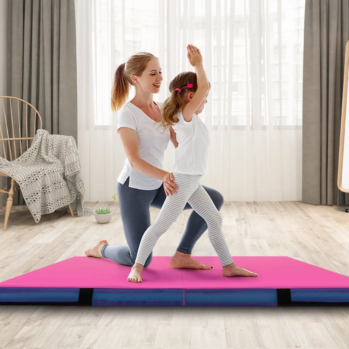 Folding Gymnastic Mat with PU Leather Cover and Carrying Handles in Pink - Little and Giant Explorers Costway