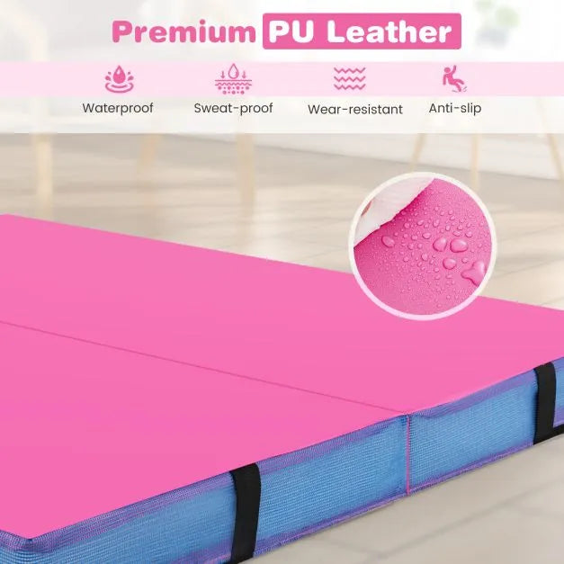 Folding Gymnastic Mat with PU Leather Cover and Carrying Handles in Pink - Little and Giant Explorers Costway