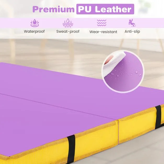 Folding Gymnastic Mat with PU Leather Cover and Carrying Handles in Purple - Little and Giant Explorers Costway