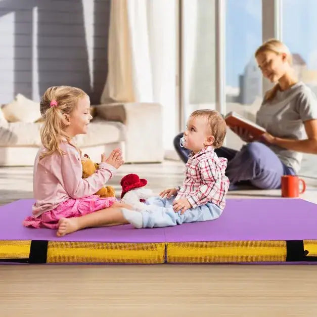 Folding Gymnastic Mat with PU Leather Cover and Carrying Handles in Purple - Little and Giant Explorers Costway