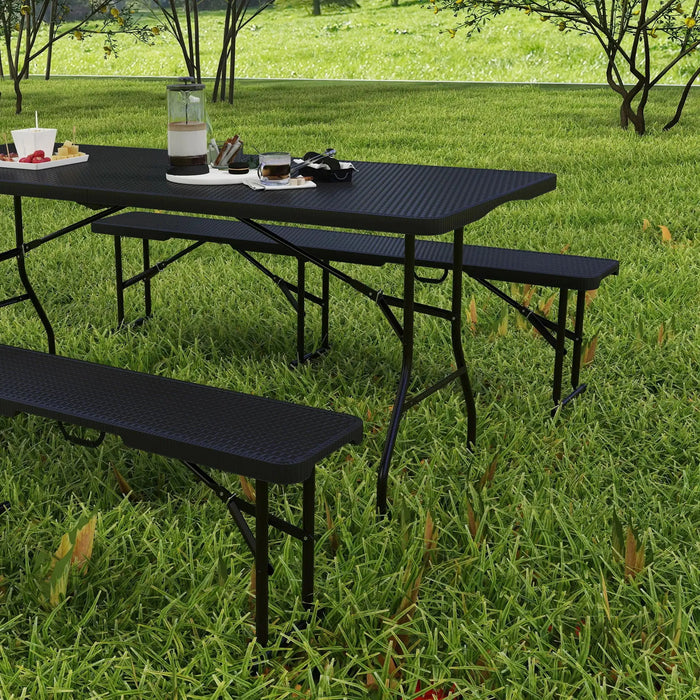 Folding Picnic Table and Bench Set with Rattan Effect - Little and Giant Explorers Outsunny