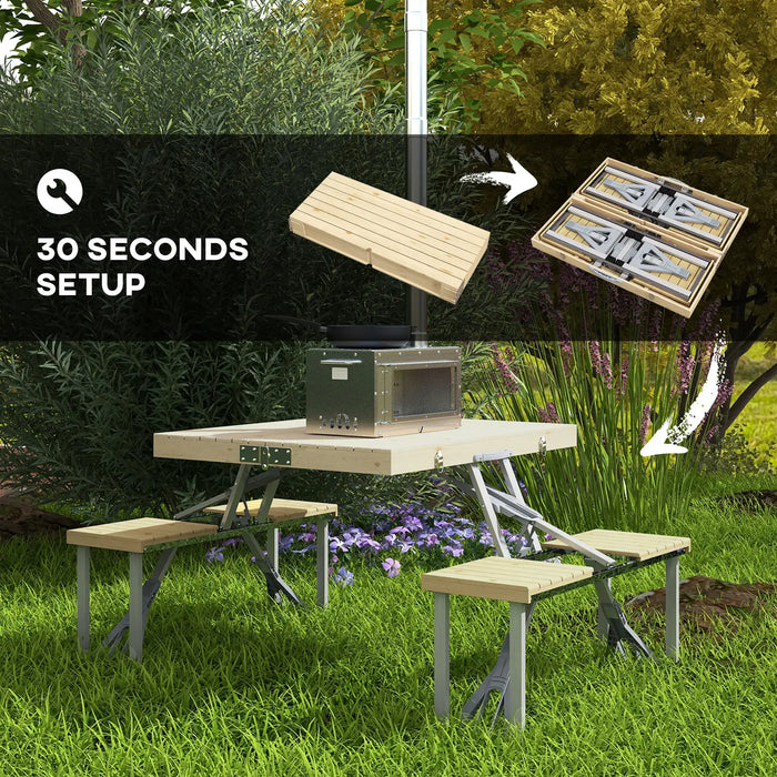 Folding Picnic Table and Chair Set – Natural Finish | Aluminium Frame and Parasol Hole OUTSUNNY - Little and Giant Explorers Outsunny