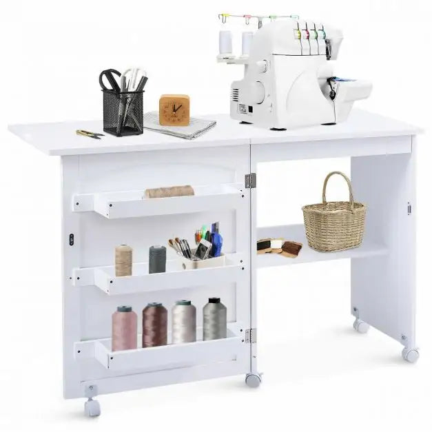 Folding Sewing and Craft Table – White | Space-Saving - Bins, Shelf and Wheels COSTWAY - Little and Giant Explorers Costway