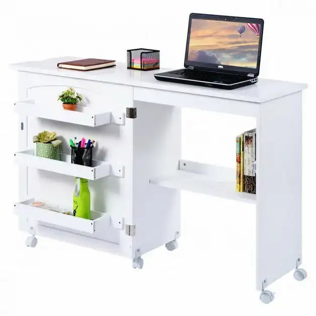 Folding Sewing and Craft Table – White | Space-Saving - Bins, Shelf and Wheels COSTWAY - Little and Giant Explorers Costway