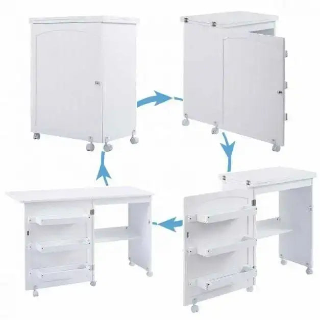 Folding Sewing and Craft Table – White | Space-Saving - Bins, Shelf and Wheels COSTWAY - Little and Giant Explorers Costway
