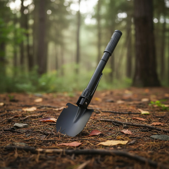 Folding carbon steel multitool shovel with black handle on forest ground