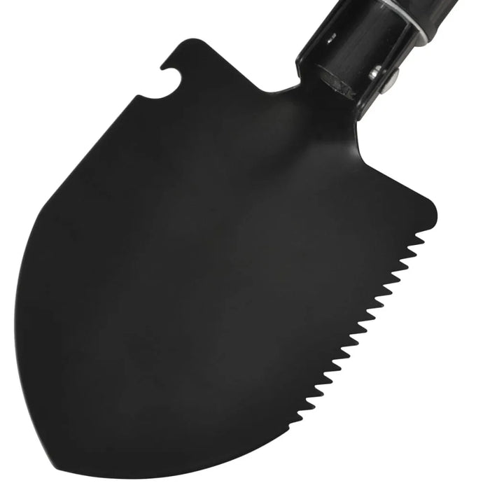 Close-up of folding shovel with serrated edge, bottle opener, black carbon steel tool