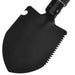 Close-up of folding shovel with serrated edge, bottle opener, black carbon steel tool