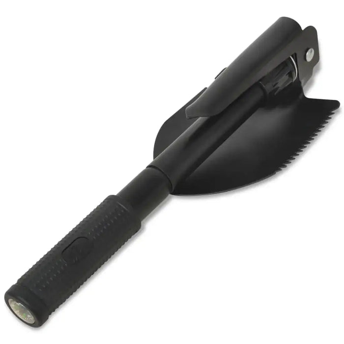 Black folding 4-in-1 carbon steel multitool shovel with saw edge and textured handle