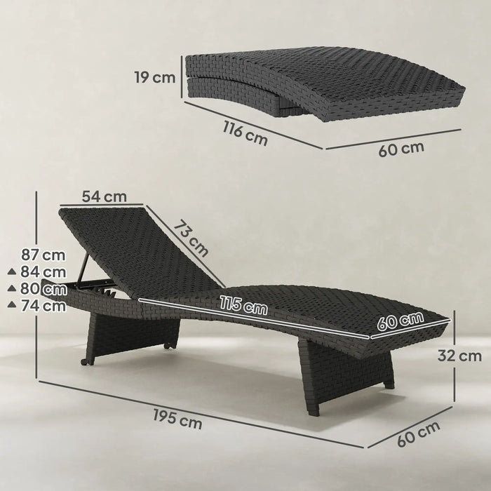 Folding Wicker Lounger Recliner with 4-Level Adjustable Backrest in Black - Little and Giant Explorers Outsunny