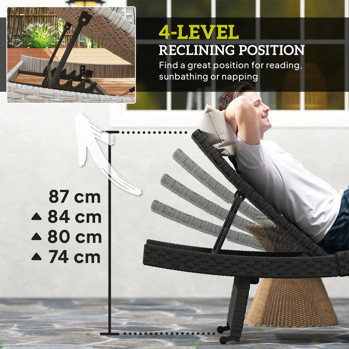 Folding Wicker Lounger Recliner with 4-Level Adjustable Backrest in Black - Little and Giant Explorers Outsunny