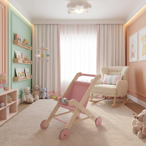 Pink wooden doll stroller in a pastel nursery with plush toys and picture books