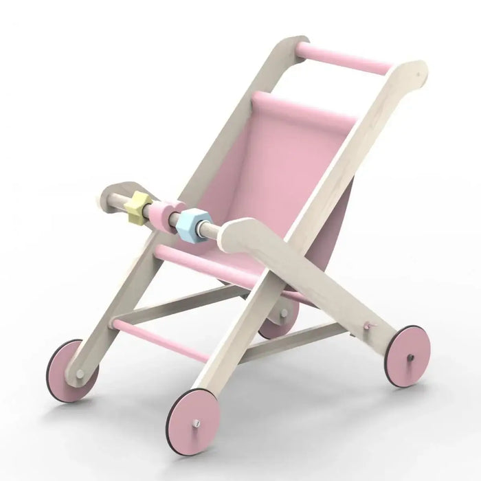 Folding wooden pink doll stroller with plywood frame and pastel wheels on white background