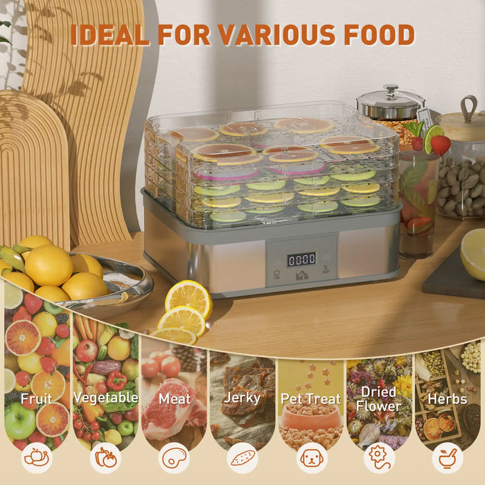 Food dehydrator on a kitchen counter with various food items displayed around it.