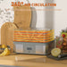 Food dehydrator with sliced fruits on a wooden surface, featuring '360° Air Circulation' text.