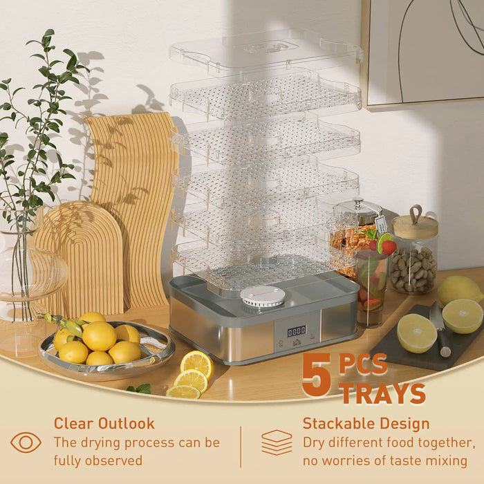 Clear drying trays with stackable design on a kitchen counter, featuring text about clear outlook and stackable design.