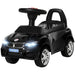 Black toddler ride-on car with flashing headlights, chrome wheels, and push steering wheel