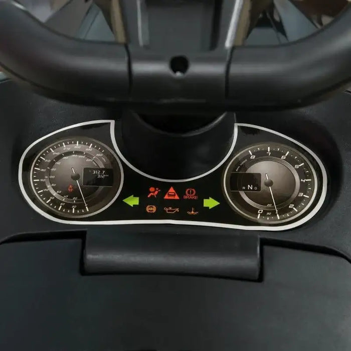 Foot-to-floor ride-on car dashboard with detailed speedometer and indicator lights