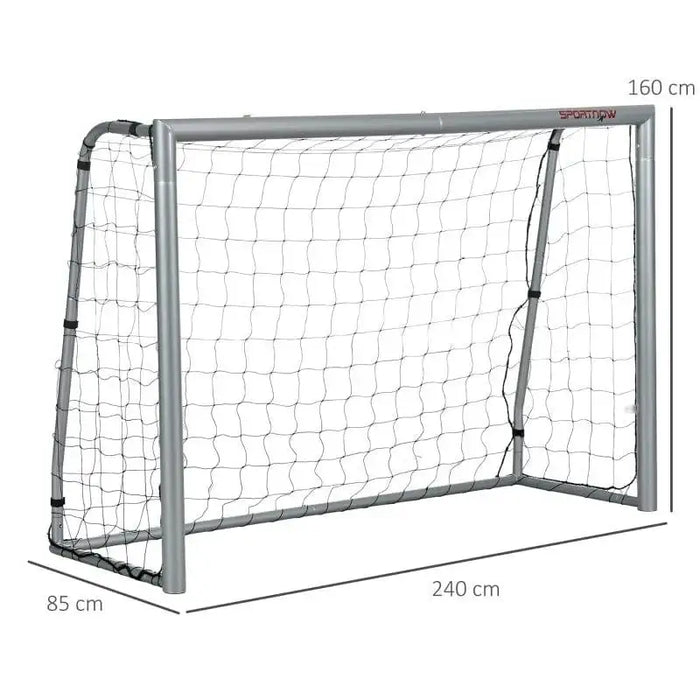 Portable football goal net with metal frame, 8ft x 5ft, dimensions labeled in cm