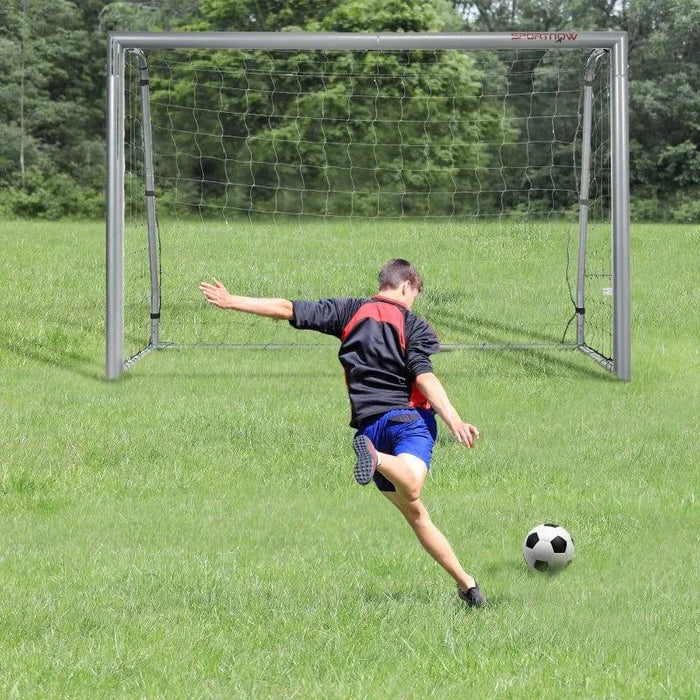 Boy kicking soccer ball toward portable football goal net on grassy field