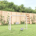 White steel football goal with net and soccer ball on grass in a backyard garden setting