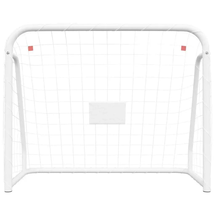 White steel football goal with all-weather polyester net, rectangular frame, front view