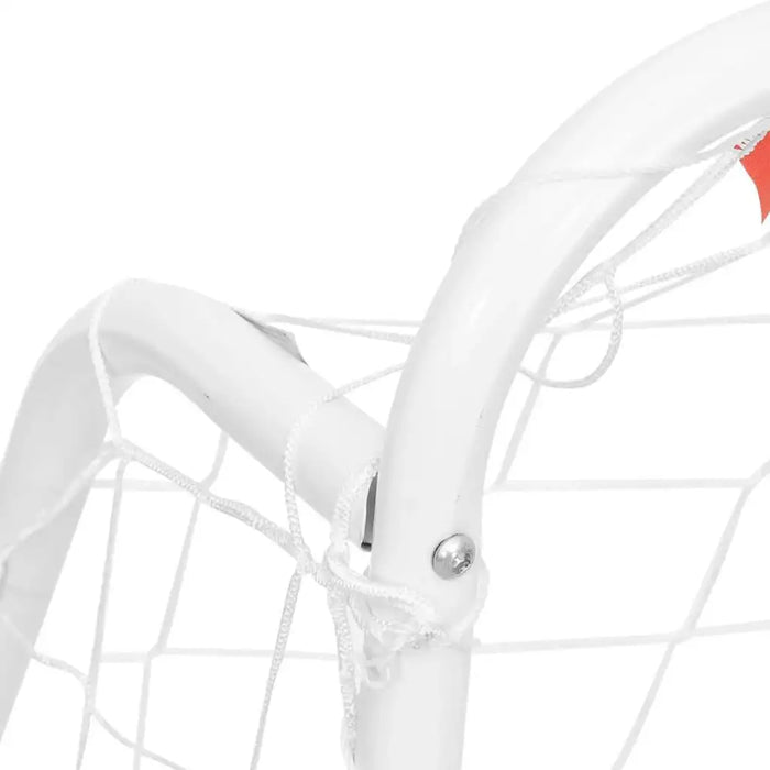 Close-up of white steel football goal frame with attached all-weather polyester net