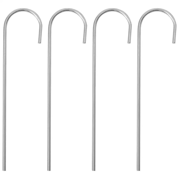 Set of four silver metal ground stakes with curved tops on white background