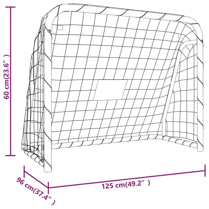 Football goal with net, steel frame, 125x60cm, black outline, size dimensions shown