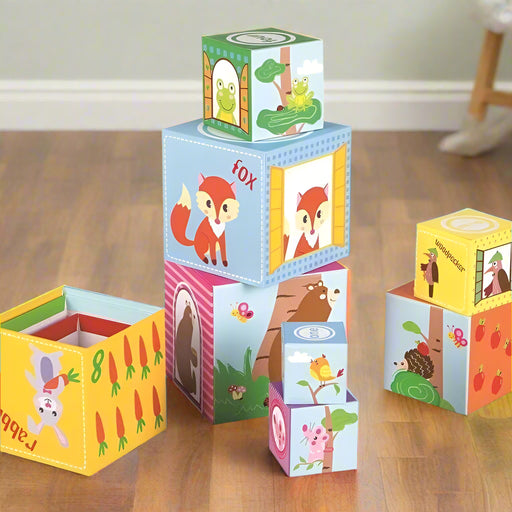 Eco-friendly forest animal stacking cubes toy with numbers for kids on wooden floor
