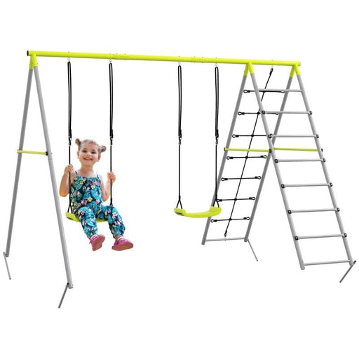 Four-In-One Metal Garden Swing Set, with Two Swings, Climber and Climbing Net - Little and Giant Explorers Outsunny