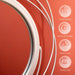 Close-up of a white circular object with red background and feature icons.