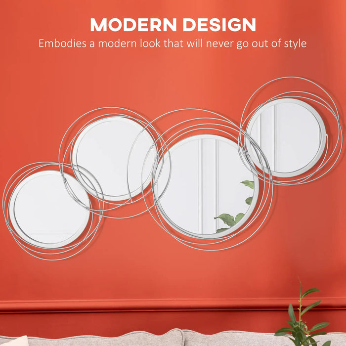 Modern design elements on a red wall with circular mirrors and text about modern style.